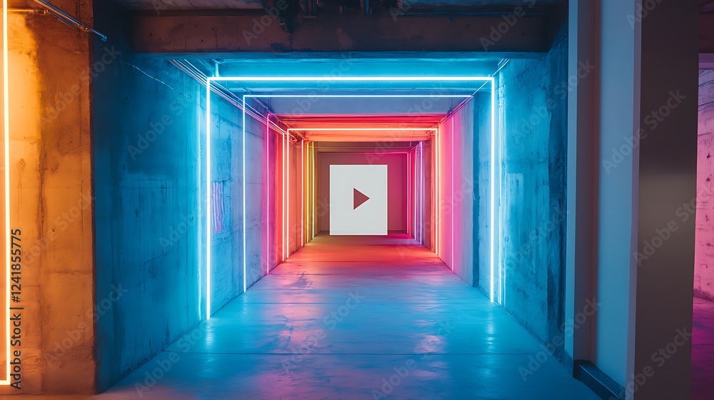 Obraz premium Neon tunnel, play button, future, abstract