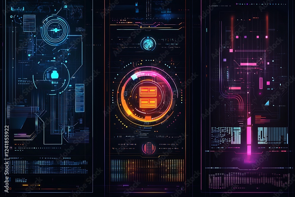 Fototapeta premium Set vertical technology banners, showcasing innovative tech elements and modern design