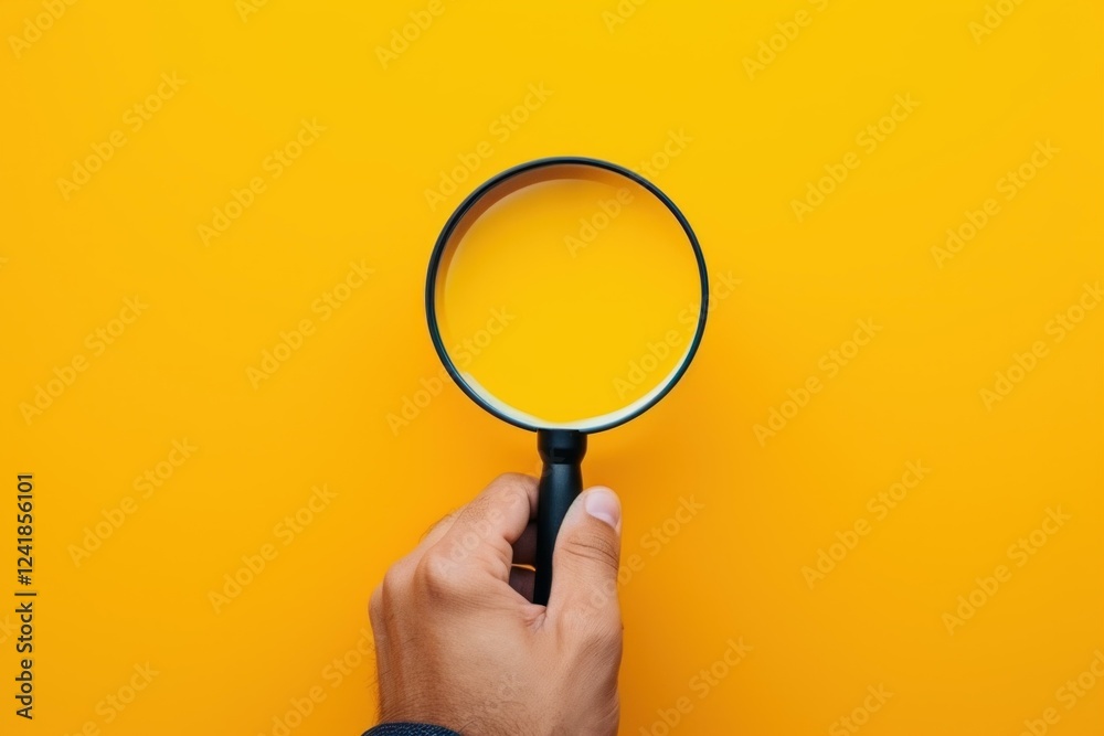 Hand holding magnifying glass exploring for clues on a vibrant yellow background, symbolizing searching, investigation, and discovery Hand holding magnifying glass exploring for clues on a vibrant yellow background, symbolizing searching, investigation, and discovery