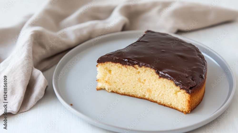 Golden cake slice drizzling dark chocolate ganache, sitting atop gray ceramic plate with soft beige napkin nearby Golden cake slice drizzling dark chocolate ganache, sitting atop gray ceramic plate with soft beige napkin nearby
