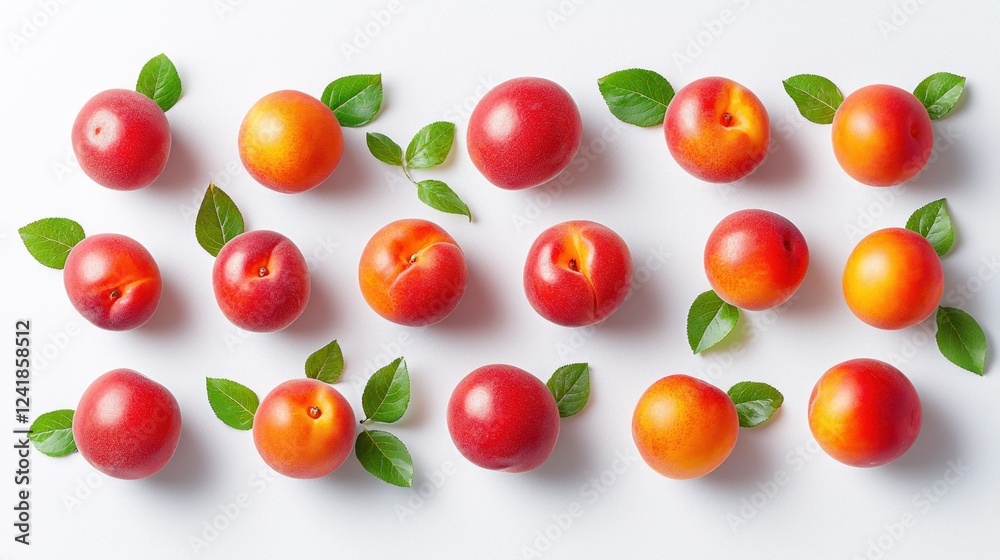 Flatlay Nectarines Leaves White Background Food Photography Flatlay Nectarines Leaves White Background Food Photography