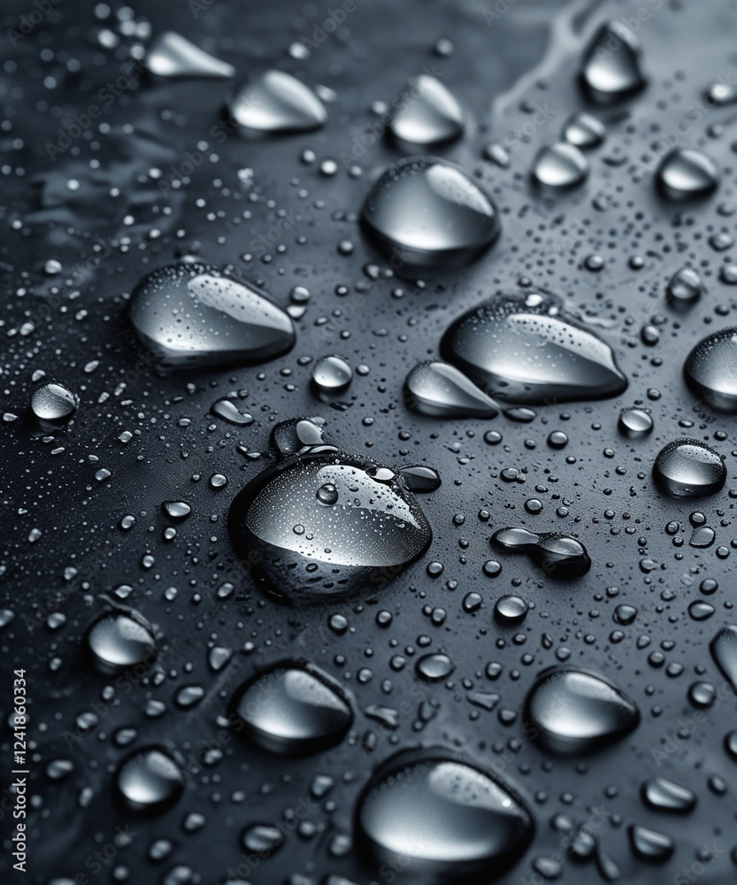 an image of numerous water droplets of varying sizes scattered across a dark, textured surface an image of numerous water droplets of varying sizes scattered across a dark, textured surface