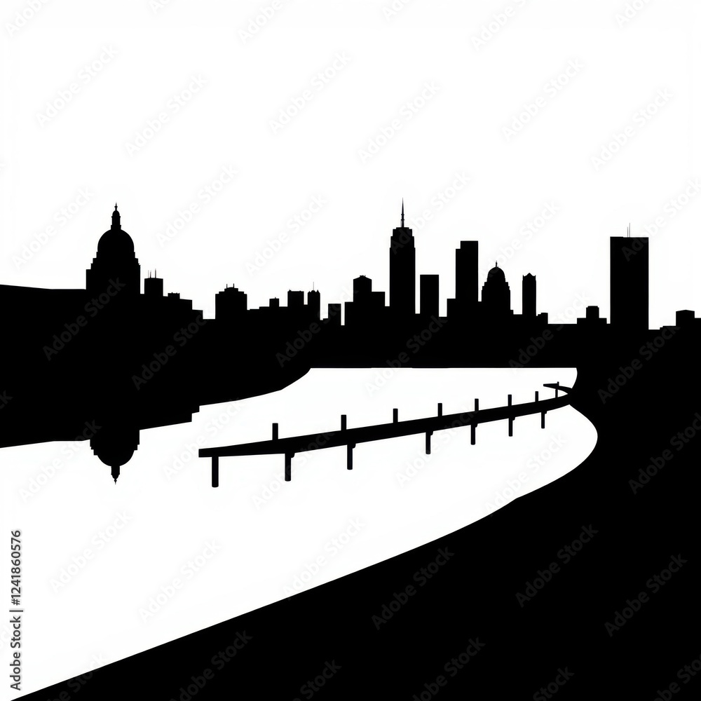 Obraz premium Silhouette of london skyline featuring iconic landmarks with the river thames in foreground silhouetted skyline cityscape architecture illustration building city vector