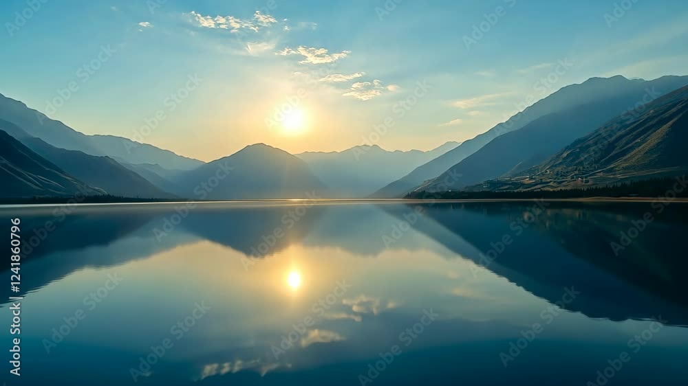 Serene sunrise reflects over calm lake surrounded by majestic mountains and clear skies Serene sunrise reflects over calm lake surrounded by majestic mountains and clear skies