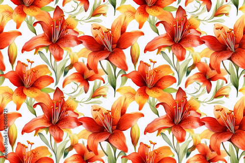 Seamless watercolor lily flowers red and orange background pattern wallpaper