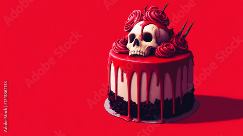 A spooky cake topped with a skull and dripping red icing, set against a vibrant red background, good for halloween or horror-themed celebrations. Gothic Horror. Illustration photo