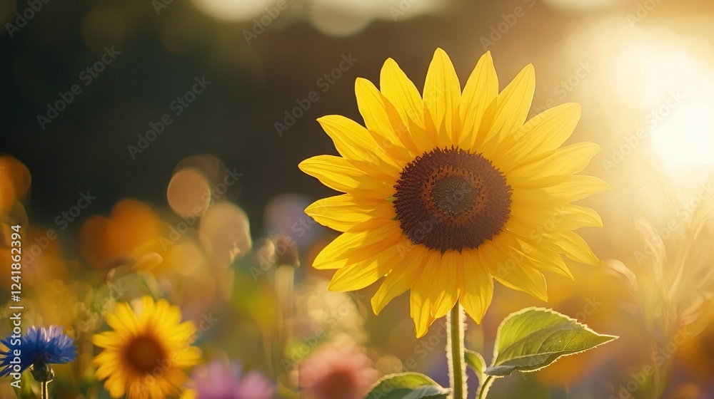 Obraz premium A sunflower in a field of wildflowers with the sun shining through the trees in the background