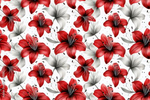 Seamless watercolor lily flowers red and gray background pattern wallpaper
