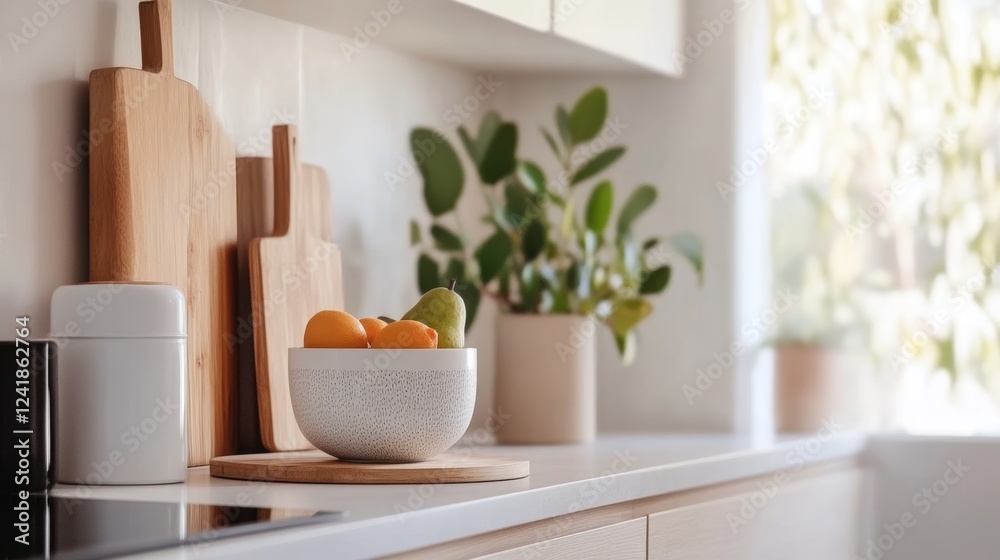 Elegant and cozy minimalist family kitchen emphasizes functionality with sleek design in soft neutral tones Elegant and cozy minimalist family kitchen emphasizes functionality with sleek design in soft neutral tones