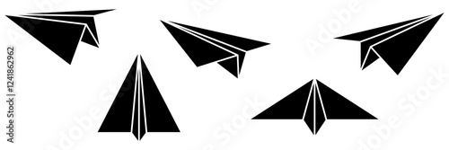 Paper airplanes silhouettes set. Sending message concept. Fold planes collection. Vector illustration isolated on white.