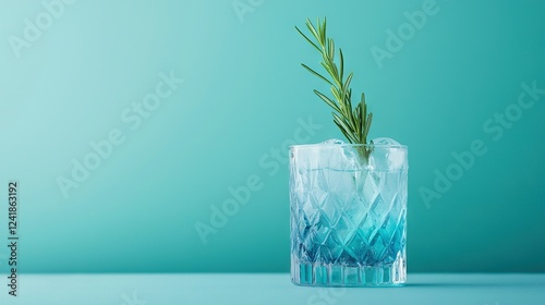  A plant protruding from the top of a blue glass containing water and ice cubes against a blue backdrop