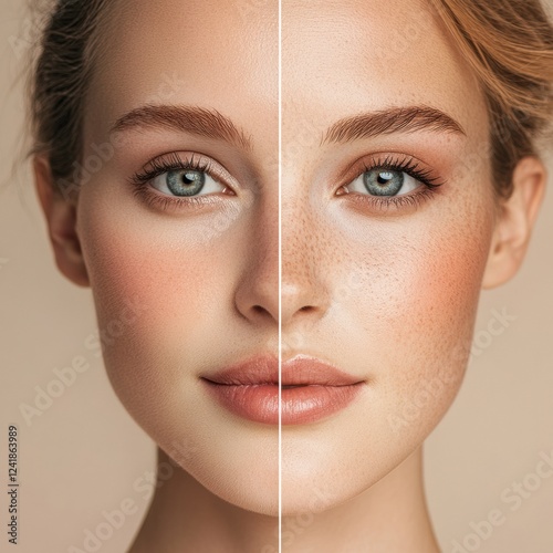 Natural beauty and glam makeup showcased on a split face for contrasting effects. Generative AI