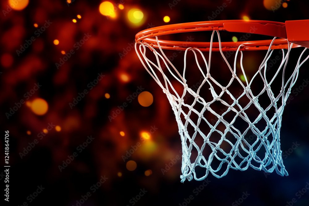 Basketball hoop with net on dark background with bokeh lights. Basketball hoop and net Basketball hoop with net on dark background with bokeh lights. Basketball hoop and net