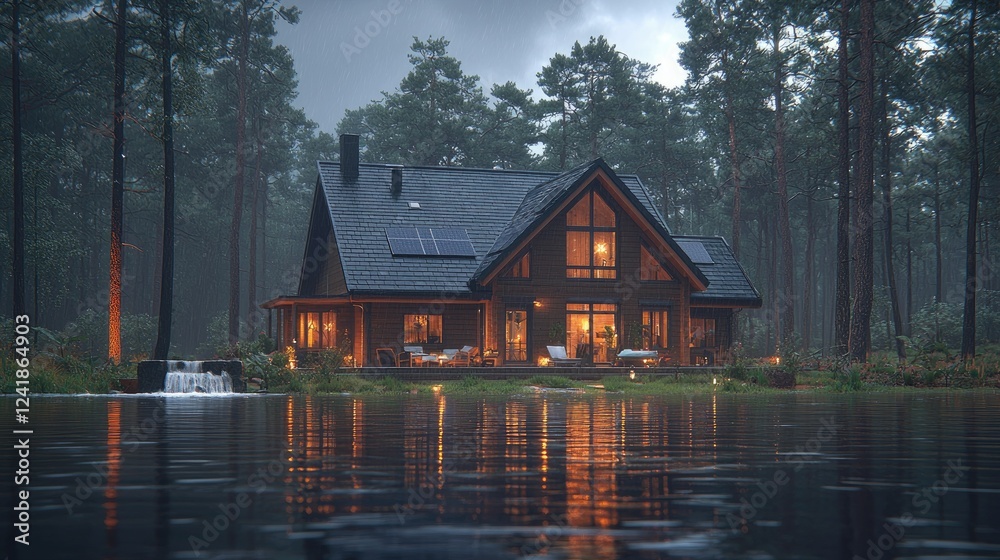 Obraz premium Cozy Cabin Lakeside Rain Forest Setting