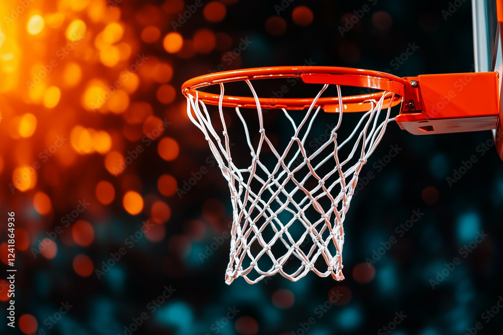 Basketball hoop with net on dark background with bokeh lights. Basketball hoop close up. Basketball hoop with orange rim