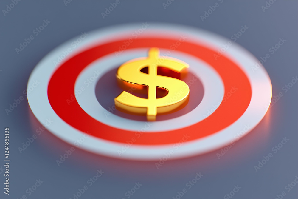 Dollar sign on target depicts financial target achievement. Golden dollar sign on bullseye target for investment and success