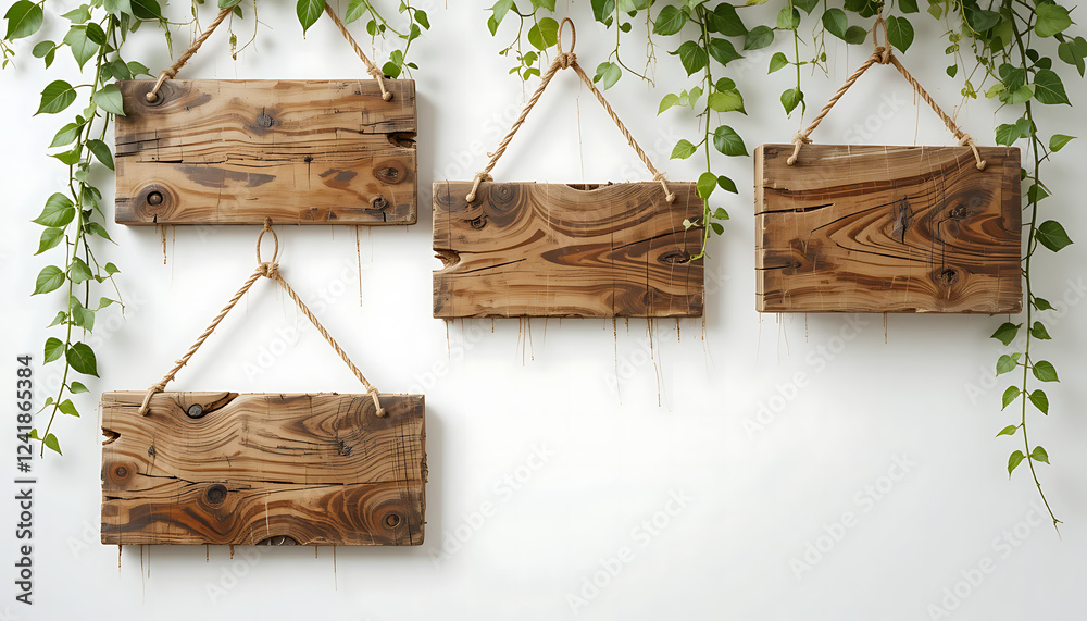 Obraz premium wooden signboards hanging with green leaves isolated on white background