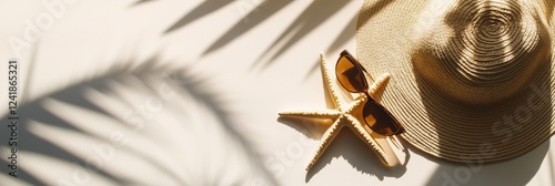 A stylish straw hat rests beside trendy sunglasses and a charming starfish on soft, golden sand, capturing the blissful essence of leisurely beach vacations everyone dreams of for relaxation photo