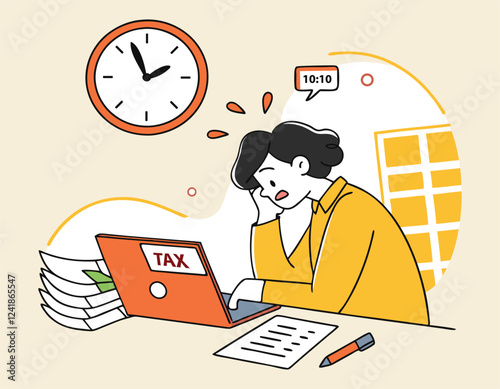 stressed person working on taxes at a desk with a laptop, clock, and paperwork, illustrating the pressure of tax season.