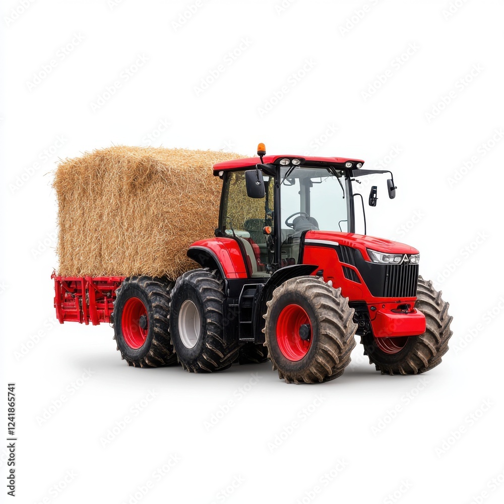 Obraz premium Red Tractor with Hay Bales on Trailer Ideal for Farming and Agricultural Themes in Rural Settings