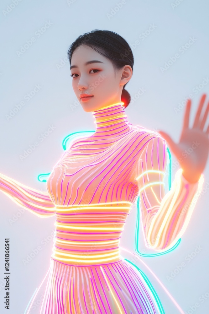 Neon-lit fashion model in a futuristic dress. Neon-lit fashion model in a futuristic dress.
