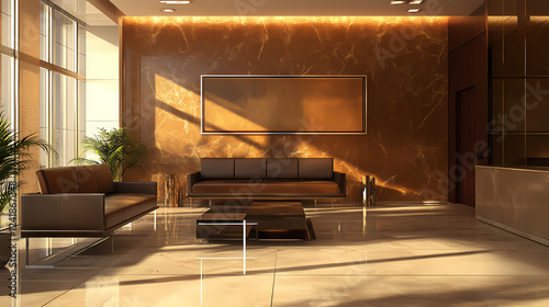 Modern waiting area interior with blank wall, brown tones, glass elements, and contemporary furniture in a bright office lobby. 3d rendering. Artistic Rendering Style. Illustration
