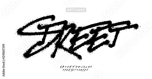 Street art graffiti font, rough brush script, bold spray paint alphabet for teenage streetwear branding, underground music cover headline, energetic rebellious typography. Vector typeset.