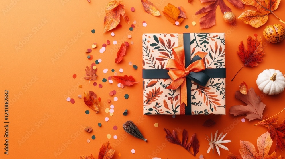 Obraz premium Autumnal gift surrounded by fall leaves and confetti.