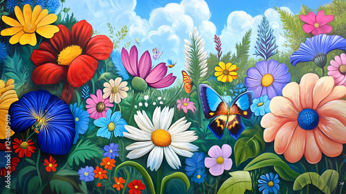 A lively garden filled with multicolored flowers and butterflies dances in the sunlight