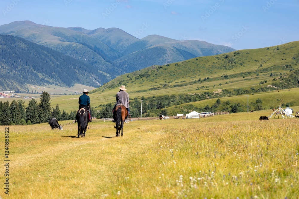 Riders explore the lush landscape of the foothills during a sunny day in the countryside Riders explore the lush landscape of the foothills during a sunny day in the countryside