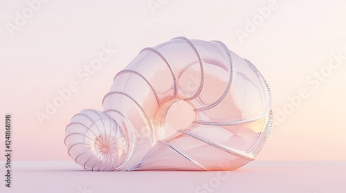 Abstract, glass, spiral, seashell, form,  pale pink background, minimalist, 3D rendering photo