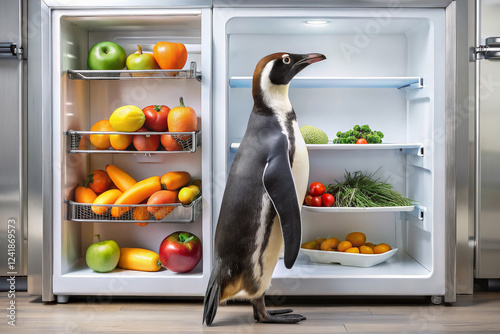 A curious penguin stands in front of an open fridge in a brightly coloured kitchen in the Antarctic ice. Advertisement for refrigeration equipment. Refrigerator advertising banner photo