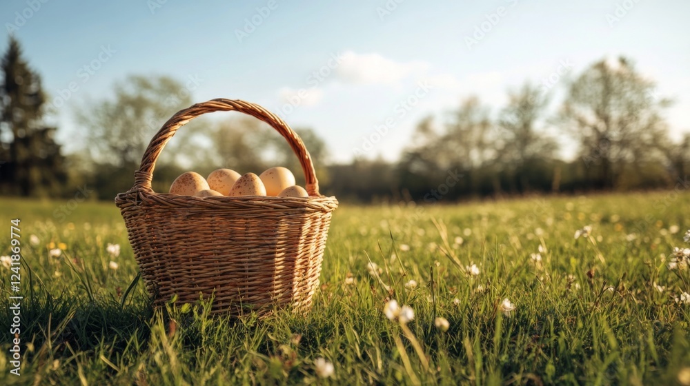 Eggs in basket, spring meadow, sunny day, rural scene, Easter Eggs in basket, spring meadow, sunny day, rural scene, Easter