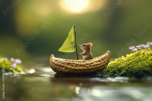   An image of a mouselike figure on a banana boat with a flag in the center of water photo