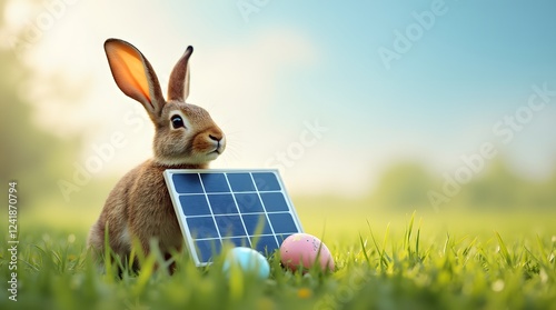 Easter eggs Sunny battery and hare in the field. A fairy -tale hare near a solar battery.