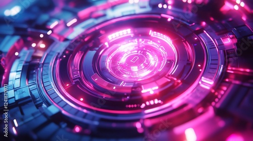 Futuristic abstract technology background featuring glowing neon circles and intricate patterns