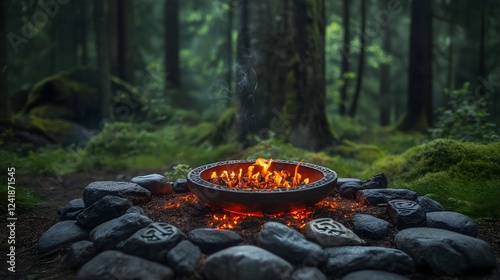 Fototapeta Naklejka Na Ścianę i Meble -  Sacred Viking altar hidden in a lush forest with a glowing fire and ancient stones