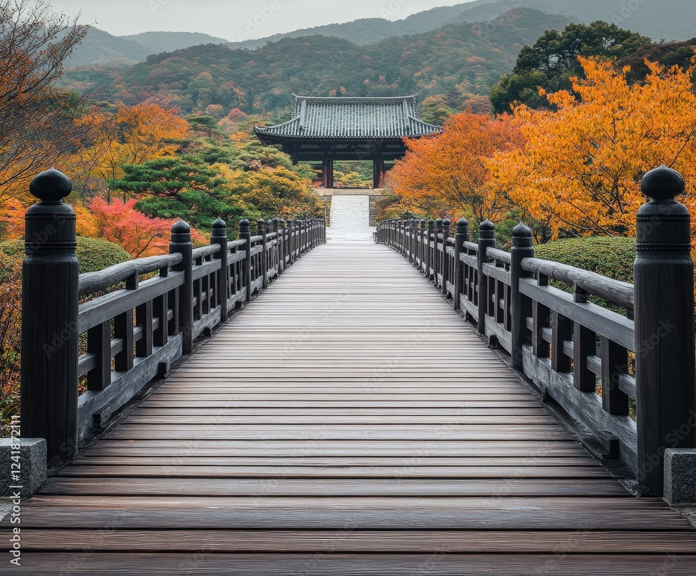 Fototapeta premium Serene autumn bridge leading to traditional asian temple amidst vibrant foliage