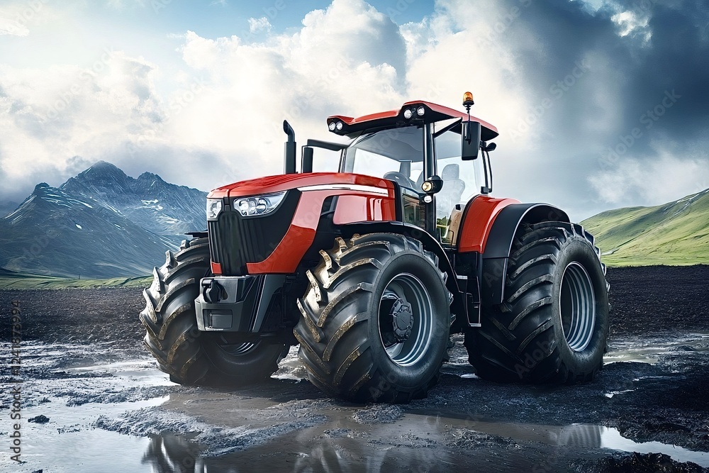 Obraz premium Red tractor working in a mountainous field on cloudy day