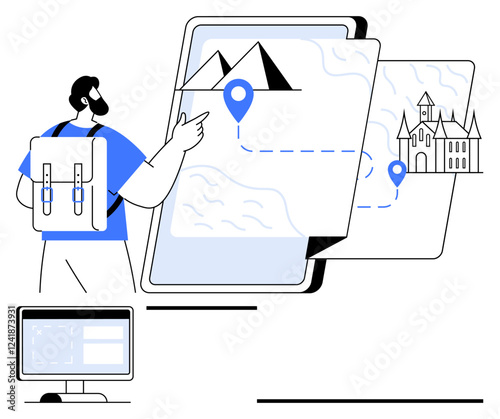 Man with a backpack interacts with a large tablet displaying a route between a mountain and a castle. Nearby monitor suggests digital tools. Ideal for navigation, tourism, travel apps, outdoor