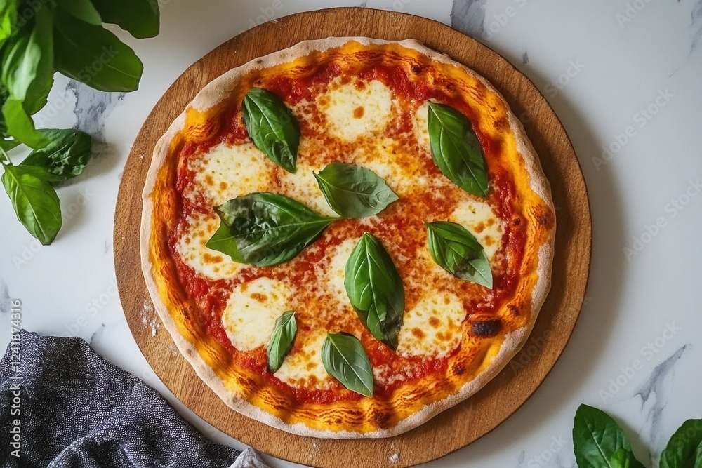 Fototapeta premium Delicious margherita pizza with mozzarella cheese and basil leaves on wooden board