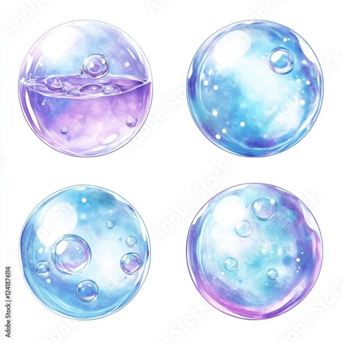 Wallpaper Mural Four iridescent spheres, bubbles, liquid, design elements, white background, game assets Torontodigital.ca