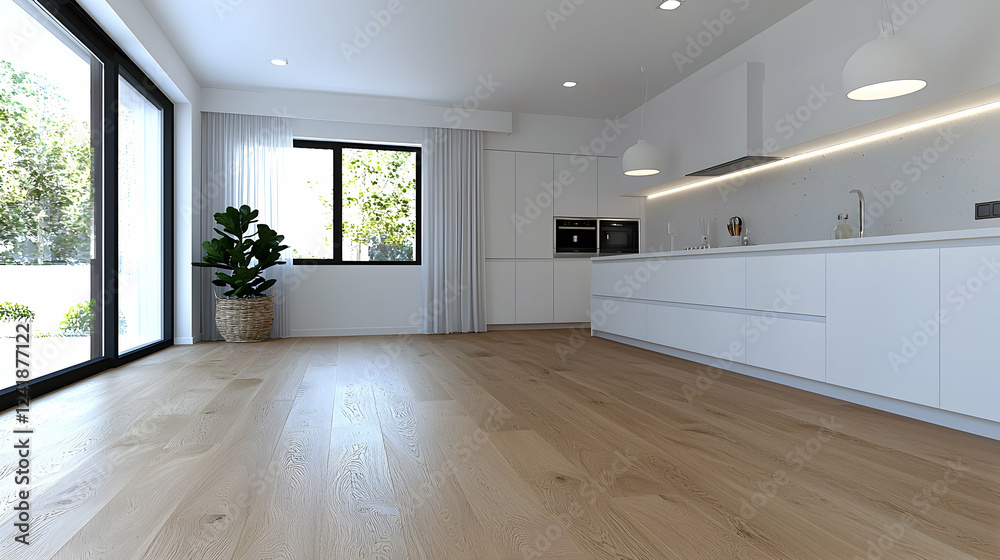 Fototapeta premium Modern kitchen, oak flooring, garden view, sunlight. Interior design