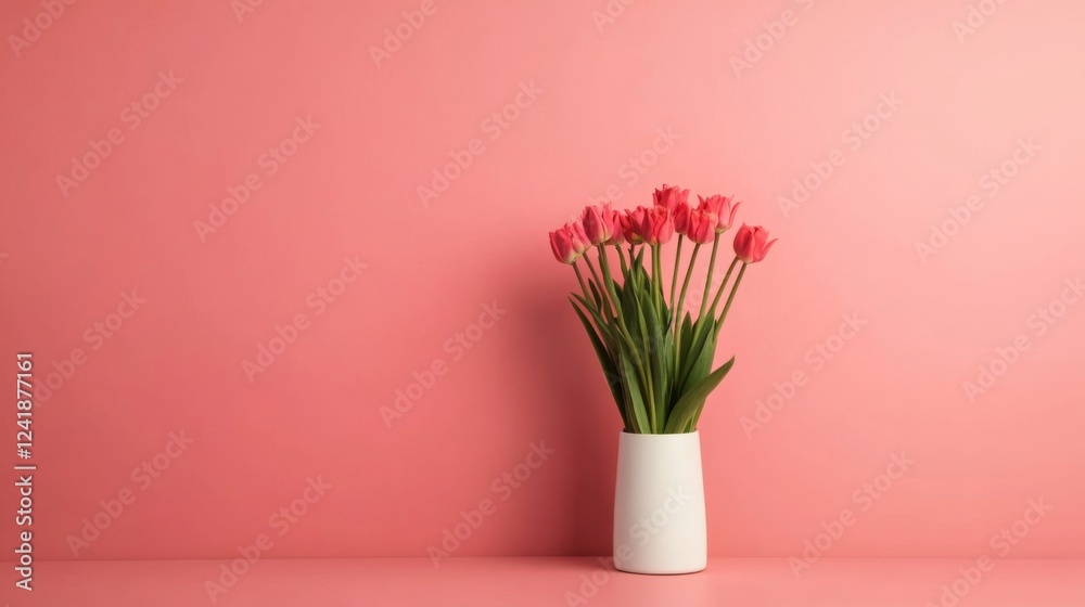 Obraz premium Pink tulips in vase against pink background; spring decor