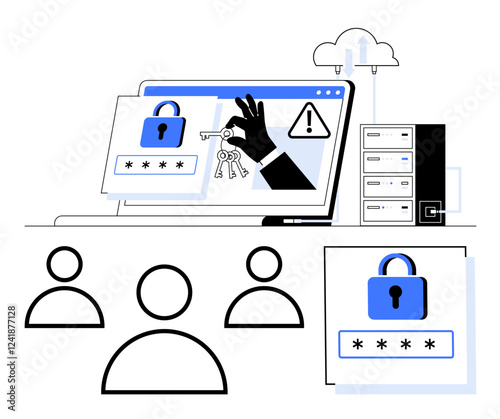 Hacking attempt hand holding keys, password lock panels, cloud storage icons, and server stacks. Ideal for digital security, privacy, data protection, encryption, online safety cloud solutions