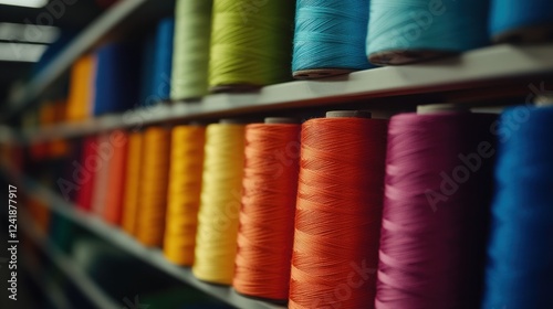 Colorful spools of thread arranged neatly in a craft or sewing store aisle. photo