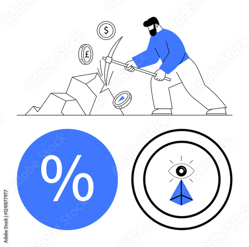 Man mining cryptocurrency with pickaxe, currency symbols, percentage icon, and eye-pyramid symbol. Ideal for finance, cryptocurrency, digital economy, investment, data analysis technology future