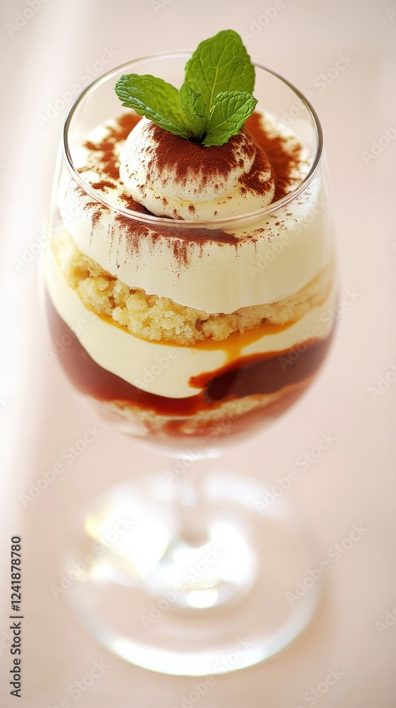 An exquisite dessert in a glass, showcasing layers of creamy goodness topped with a mint garnish, capturing the essence of indulgence and culinary artistry in its presentation. An exquisite dessert in a glass, showcasing layers of creamy goodness topped with a mint garnish, capturing the essence of indulgence and culinary artistry in its presentation.
