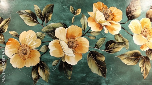 Decorative floral design on teal surface; painted flowers and leaves;  background texture.  Possible use home decor inspiration