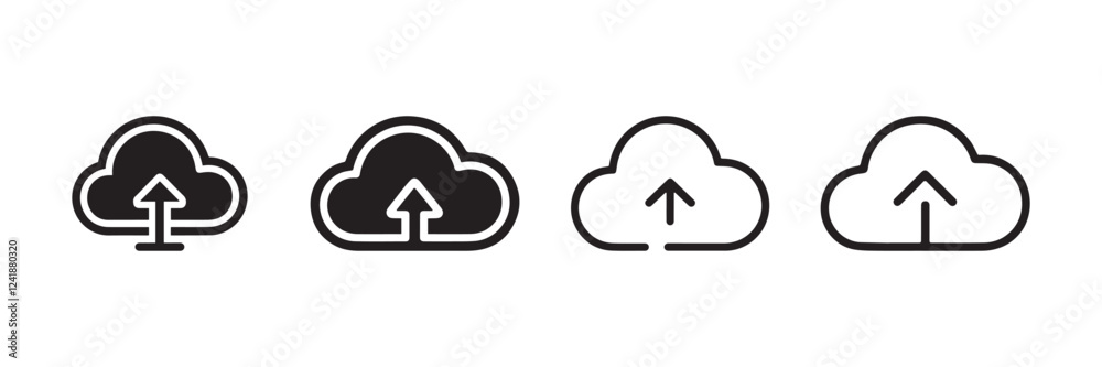 Cloud Upload Icon Set Black and Outline Style Digital Data Storage Symbol Cloud Upload Icon Set Black and Outline Style Digital Data Storage Symbol